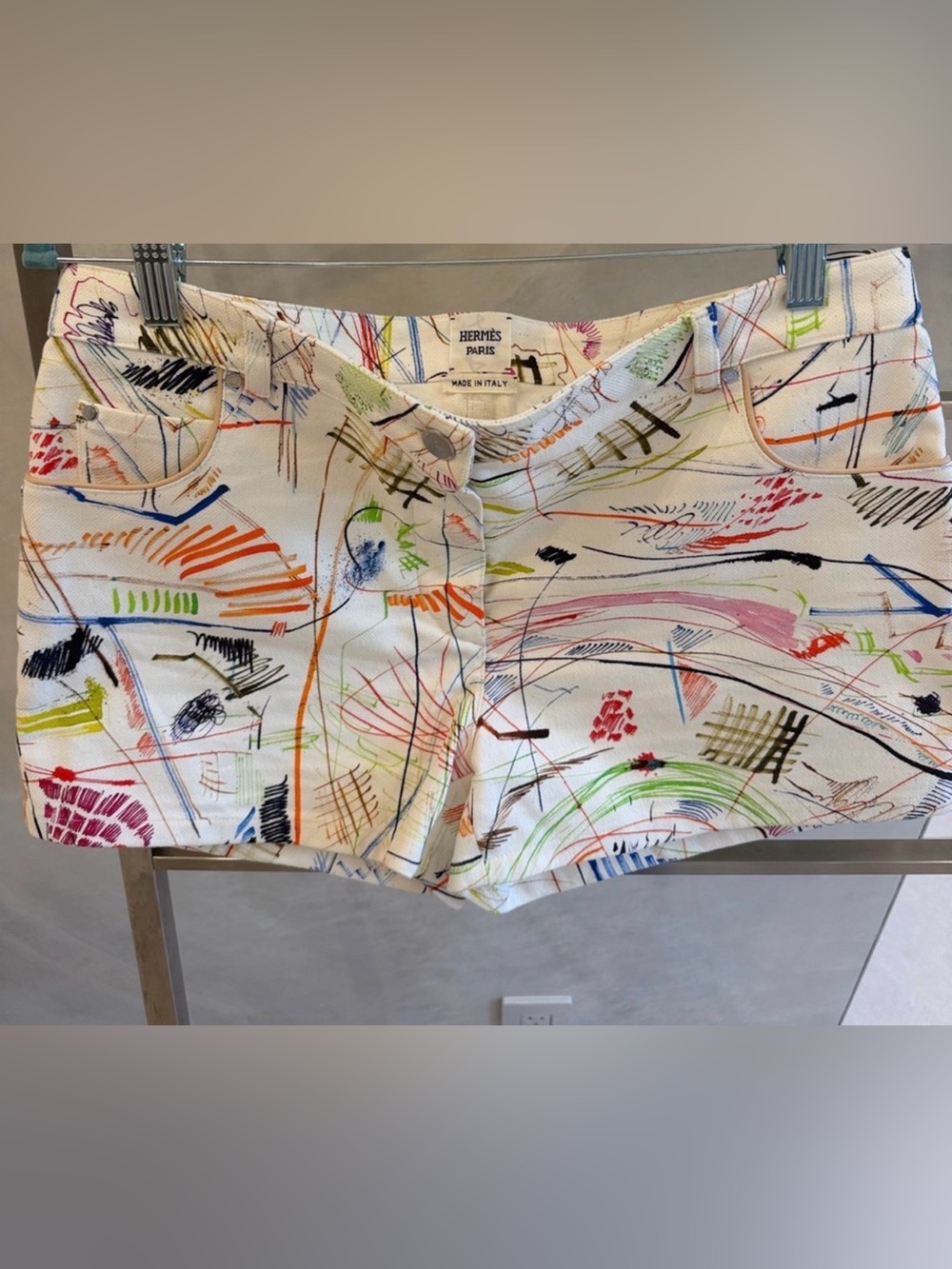 Hermes AUTHENTIC Multicolor Scribble Print Cotton Jean Shorts - White Base